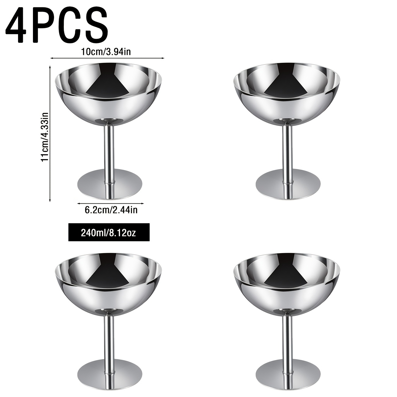 TEMU Juego de 4 cuencos de postre de acero inoxidable, con altos/bajos, varios tamaños, cuencos de frutas y tazas de postre creativas, tazas para