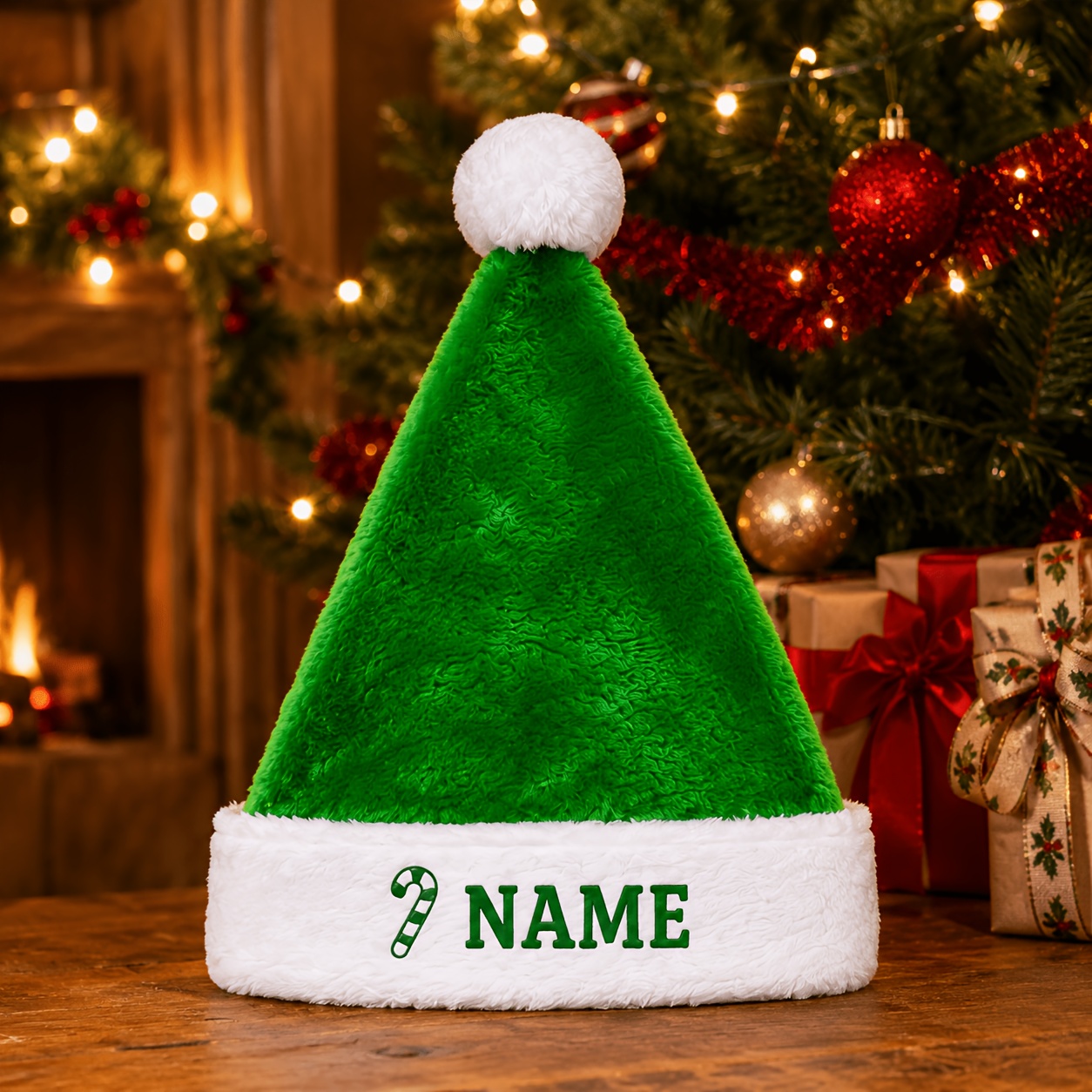 TEMU 1pc Candy Cane Embroidered Santa Hat, 6 Color Options, Custom Name Embroidery Craft, Pointed Top With Ball Design, Party Window Christmas Tree