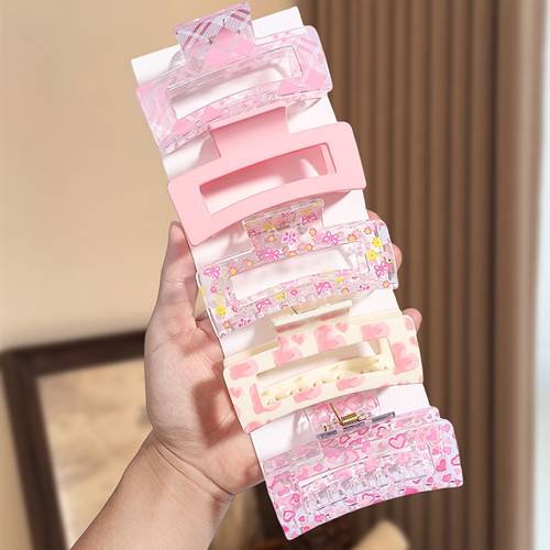 5pcs pink floral heart print hair claw clips matte hollow rectangle clips non slip large hair grips for women elegant additions for daily party