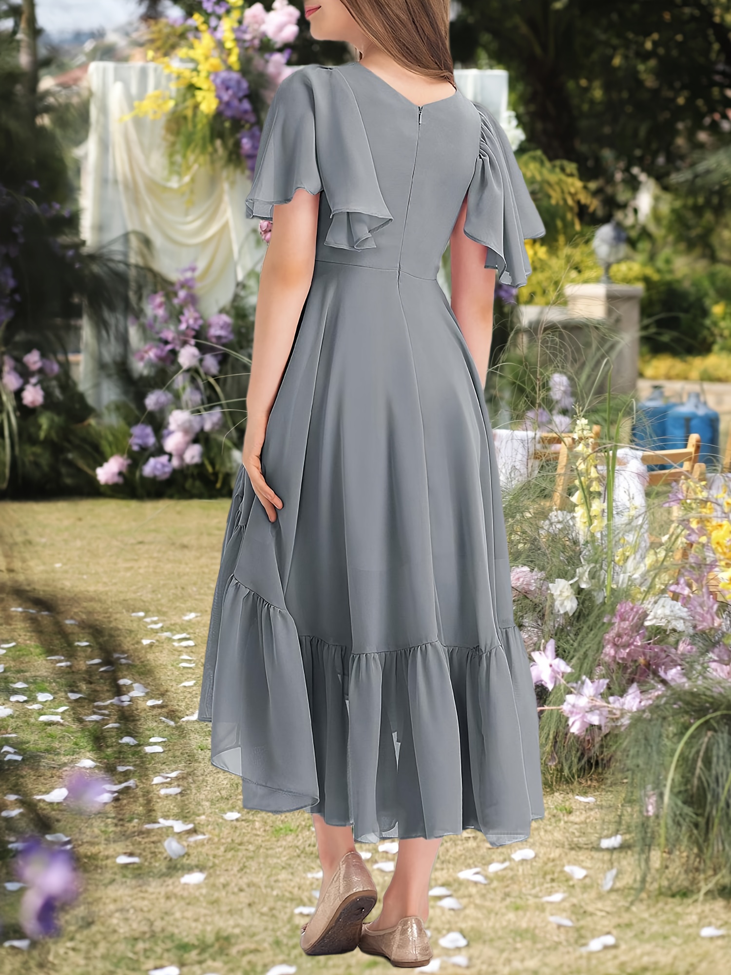 girls junior bridesmaid dress v neck ruffle short sleeve high low formal maxi dress a line flowy party outfit for girls 4 14y Product details 5