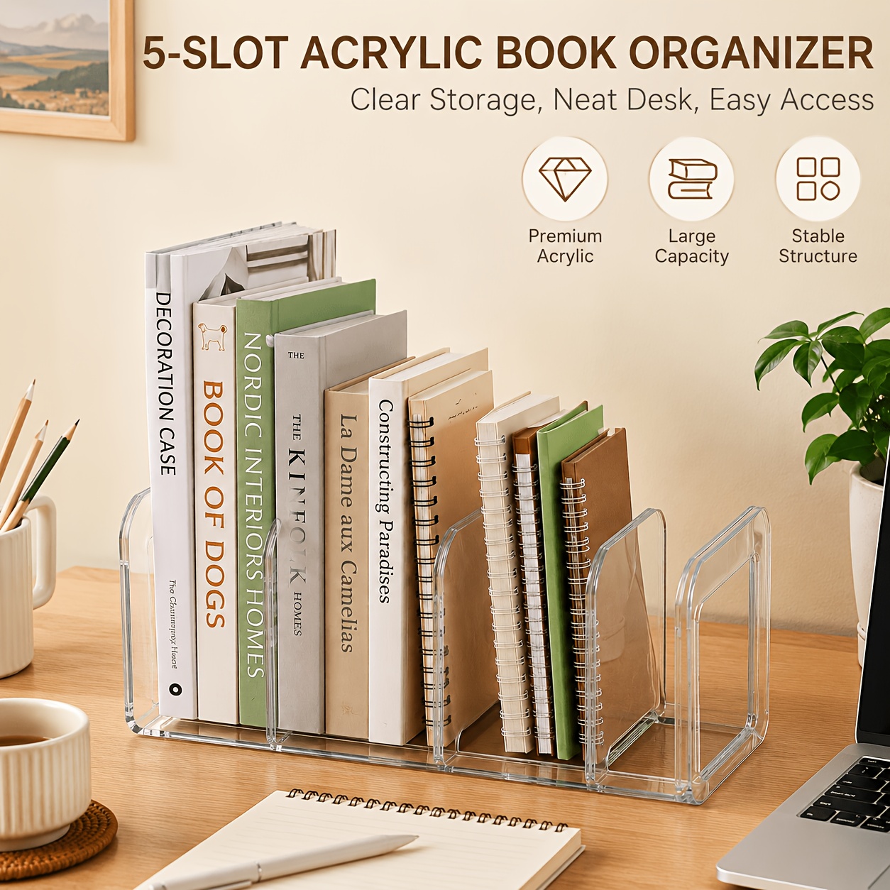 TEMU Bibliothèques étirables transparentes en acrylique à 5 compartiments, organisateur de bureau et étagère à compartiments multiples, matériau