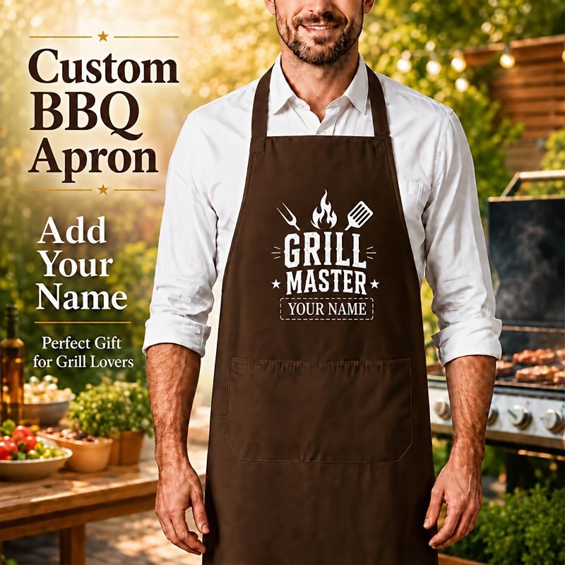 TEMU Custom Name Bbq Cooking Apron With Pockets, Adjustable Kitchen Apron For Men, Personalized Apron, Gift For Bbq Lovers