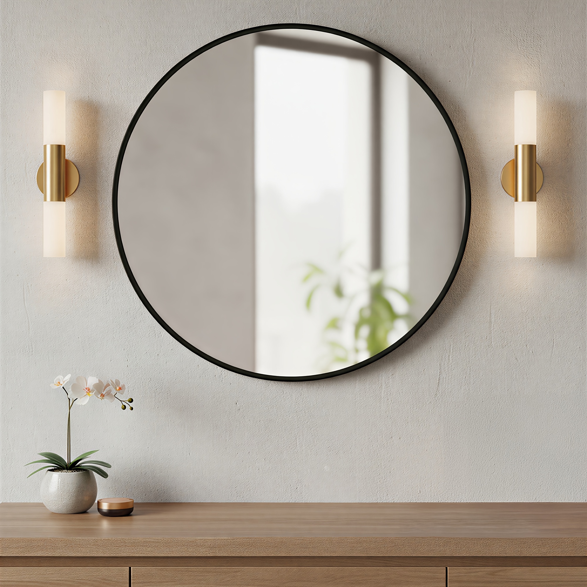 Image of 40.7cm Round Mirror, Round Mirror, Wall Mirror, Metal Frame, Easy Assembly, Modern, For Bathroom, Living Room, Bedroom, Hallway, Entrance Area, Ink Black