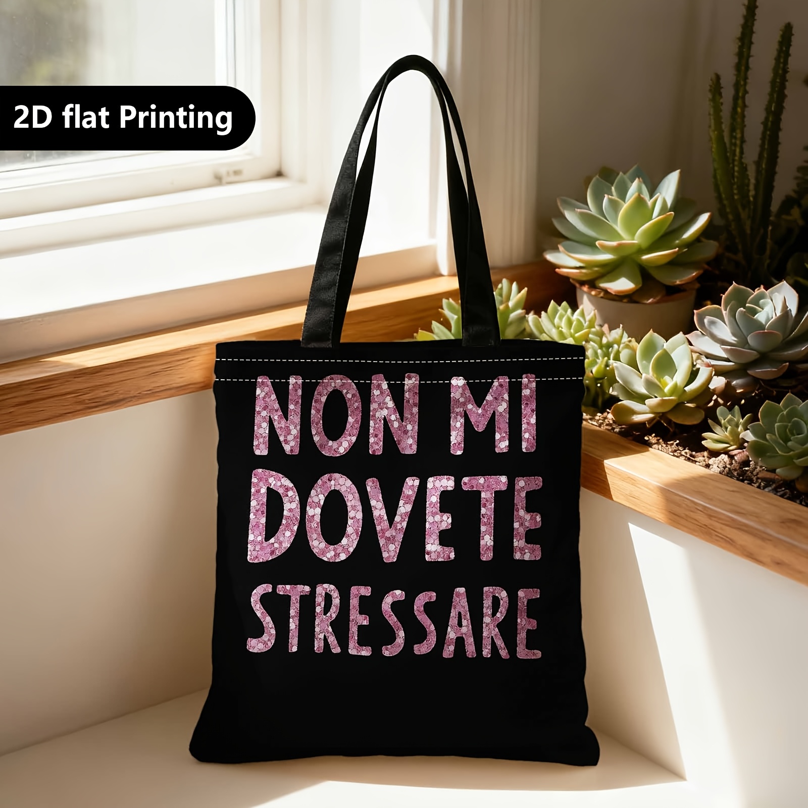TEMU Borsa Shopper, Borsa Portatile a Spalla e per Shopping, 2d , "Non Stressarmi", Glitter Rosa, Sfondo , per Viaggi, Cosmetici, Borse per Vacanze,