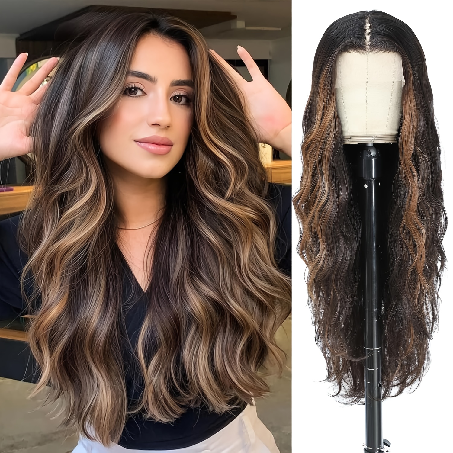 TEMU 28 Inch Long Wavy Synthetic Lace Front Wig, 13×4×1 Pre- Glueless Heat Wig