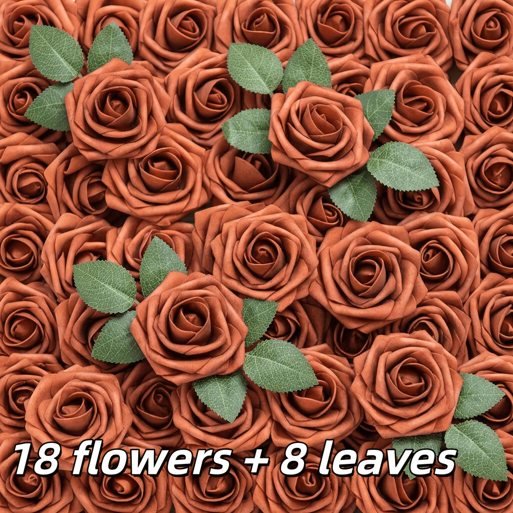 TEMU 26pcs Dark Orange Artificial Rose Set, + 8 Leaves, Realistic Fall-themed Roses With Stems And Green Foliage, Suitable For Outdoor Party