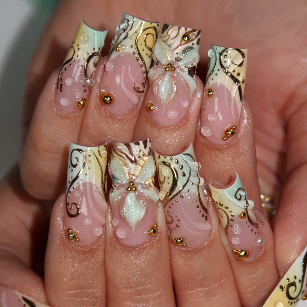 TEMU 24-delige set lange vierkante nepnagels geschikt voor French tips, scheer nude & crème-mint met gouden wervelingen, glitter bloemen- en