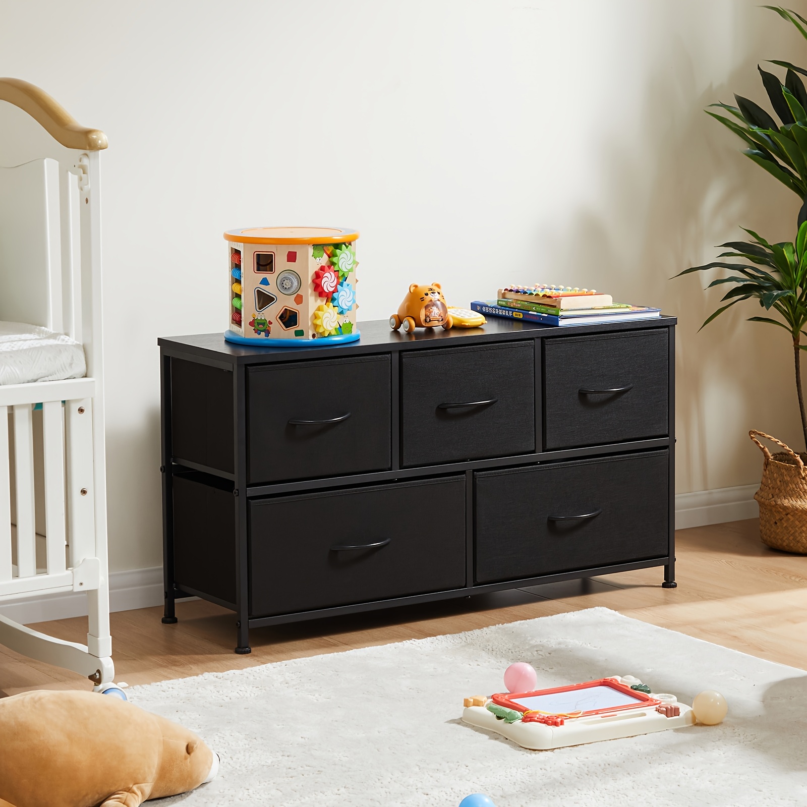TEMU 5-drawer Dresser Chest For Bedroom - Wide Fabric Drawers With Removable Bins, Storage Organizer Cabinet For Closet, Living Room, Hallway, Space-saving Sturdy Frame, Furniture