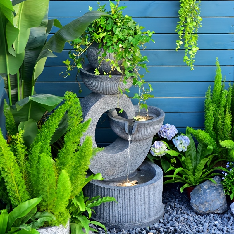 [Lighted Gray Water Fountain] Gray Outdoor Fountain with Lights | Indoor Floor-standing Waterfall for Courtyard, Garden, Terrace & Living Room