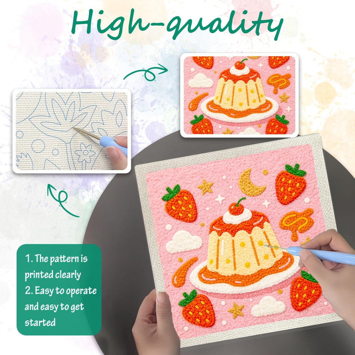 Complete DIY Punch Needle Starter Kit with Pre-Printed Fruit Cake Design