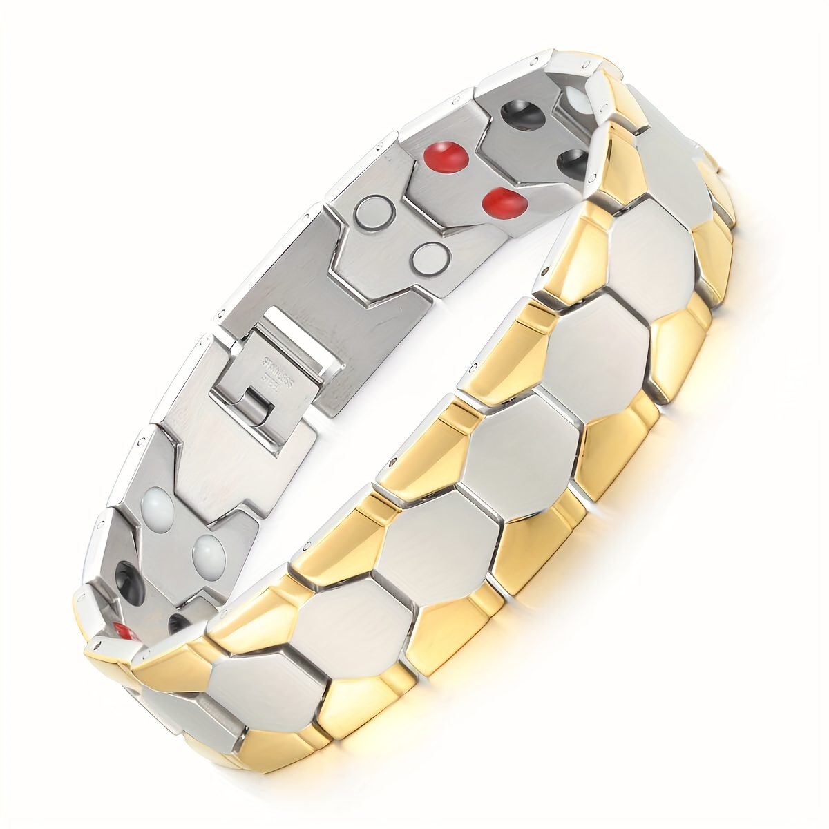 TEMU Pulsera magnética de acero inoxidable 304, diseñada para hombres, con estilo de cadena hexagonal casual, ajustable, equipada con herramientas de