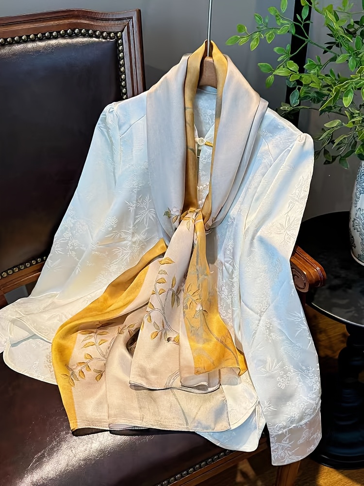 OAW Women's 100% Silk Scarf Shawl - Lightweight Apricot Beige & Turmeric-Yellow Branch Bird Print Suitable for Casual Outings, Office, Travel, Wraps, Neck Warmers, Bag - Elegant Oriental Design with Soft Satin Sheen