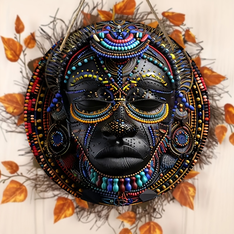 

[1pc Tribal Mask Wooden Wall Decor] 1pc Americana Style Tribal Mask Wooden Wall Decor Sign - 8 Inch Pre-drilled Holes With Hanging Rope, High 2d Print, Multipurpose Door Installation, No Power Needed