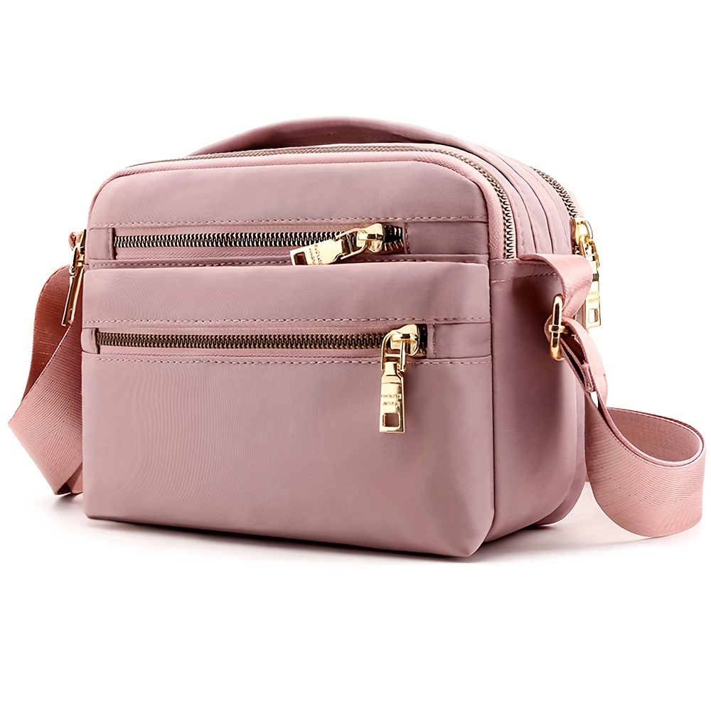 

Waterproof Pink Nylon Crossbody Bag For - Adjustable Strap, Multi-pocket Messenger Shoulder Bag With Golden-tone Zippers, Ideal For Travel & Daily Use, Small Crossbody Bag