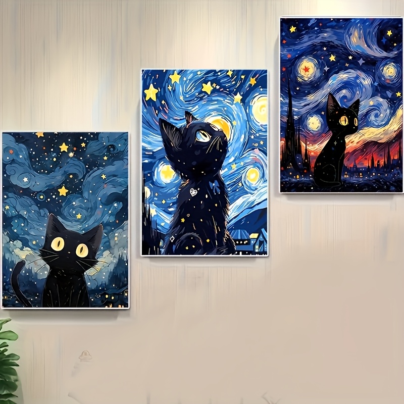 Image of 3 Sets Diy Diamond Painting Set, Cat Under The Starry , Home Wall Decoration Holiday Party Decoration, Art Bedroom Living Room Hanging Painting, Frameless 30cm*40cm/11.8*15.7 Inch