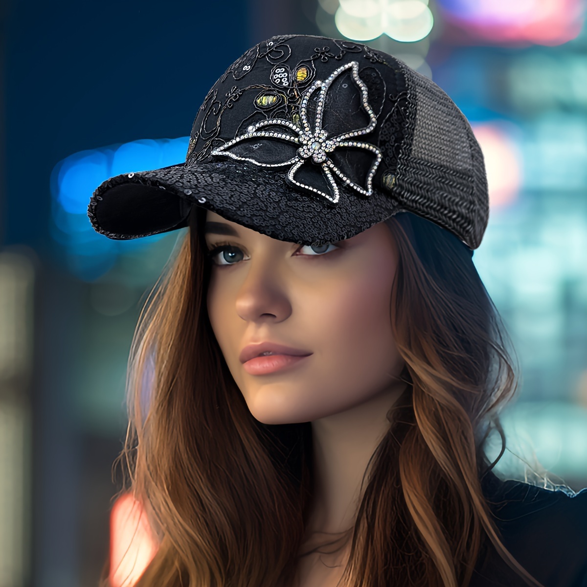 

Butterfly Patch Sequins Baseball Cap Elegant Mesh Breathable Trucker Hats Lightweight Adjustable Sports Hat For Women Daily Uses