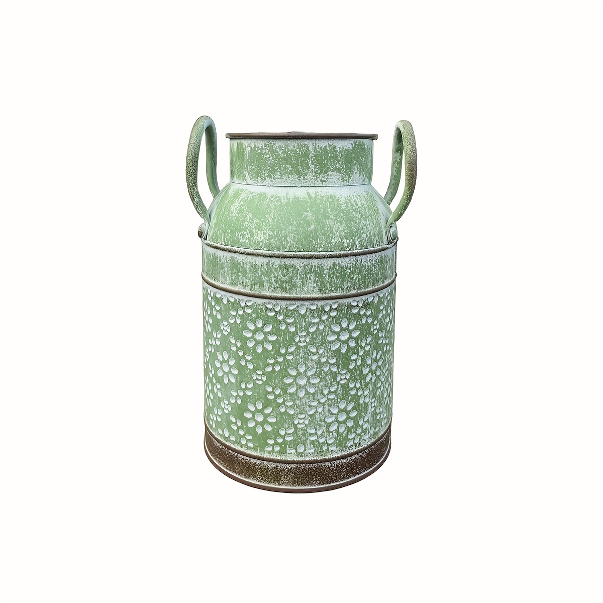 E-shop Mattierter Grüner Waschweiß-Effekt Eisenmuster Dekorative Runde Milchkanne Trockenblumen-Vase Wohnaccessoire Blumenvase Gartendekoration