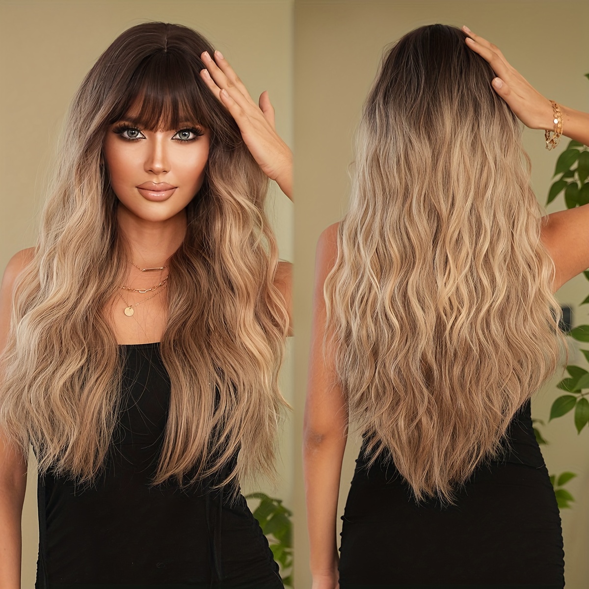 E-shop Routine Perücke Lang Glatt Lockenwelle Schwarz Ombre Hellbraun mit Pony Hochdichte Flauschige Highlight Blond Perücken für Frauen Täglicher