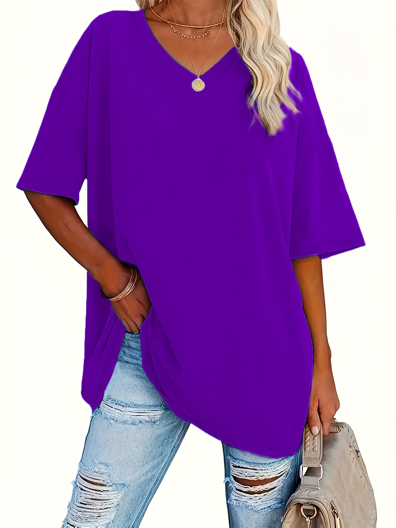 Ensemble de 3 T-Shirts Décontractés pour Femmes à Col en V, Tissu en Maille 95% Polyester 5% Élasthanne, Couleur Unie, Élasticité Moyenne, Coupe Ample à Manches Courtes pour le Printemps/Automne
