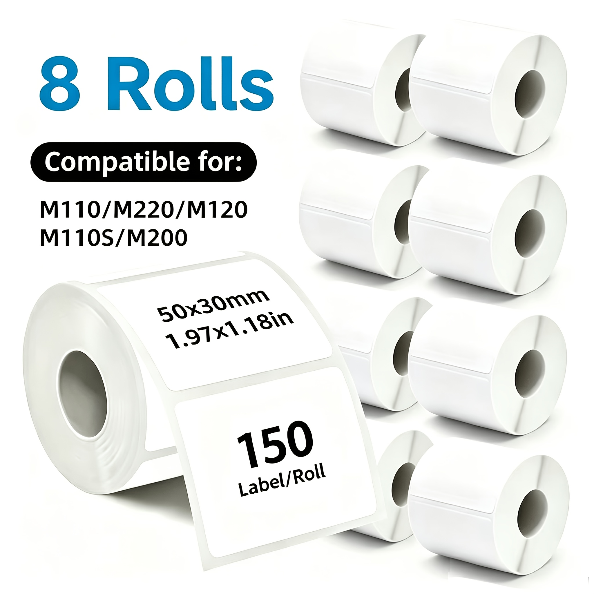 TEMU 8 Rouleaux d'Étiquettes Blanches 50X30Mm, 150 Feuilles Par Rouleau - Compatibles avec M110S//M110/M220/M120/P50 et Autres Imprimantes Portables,