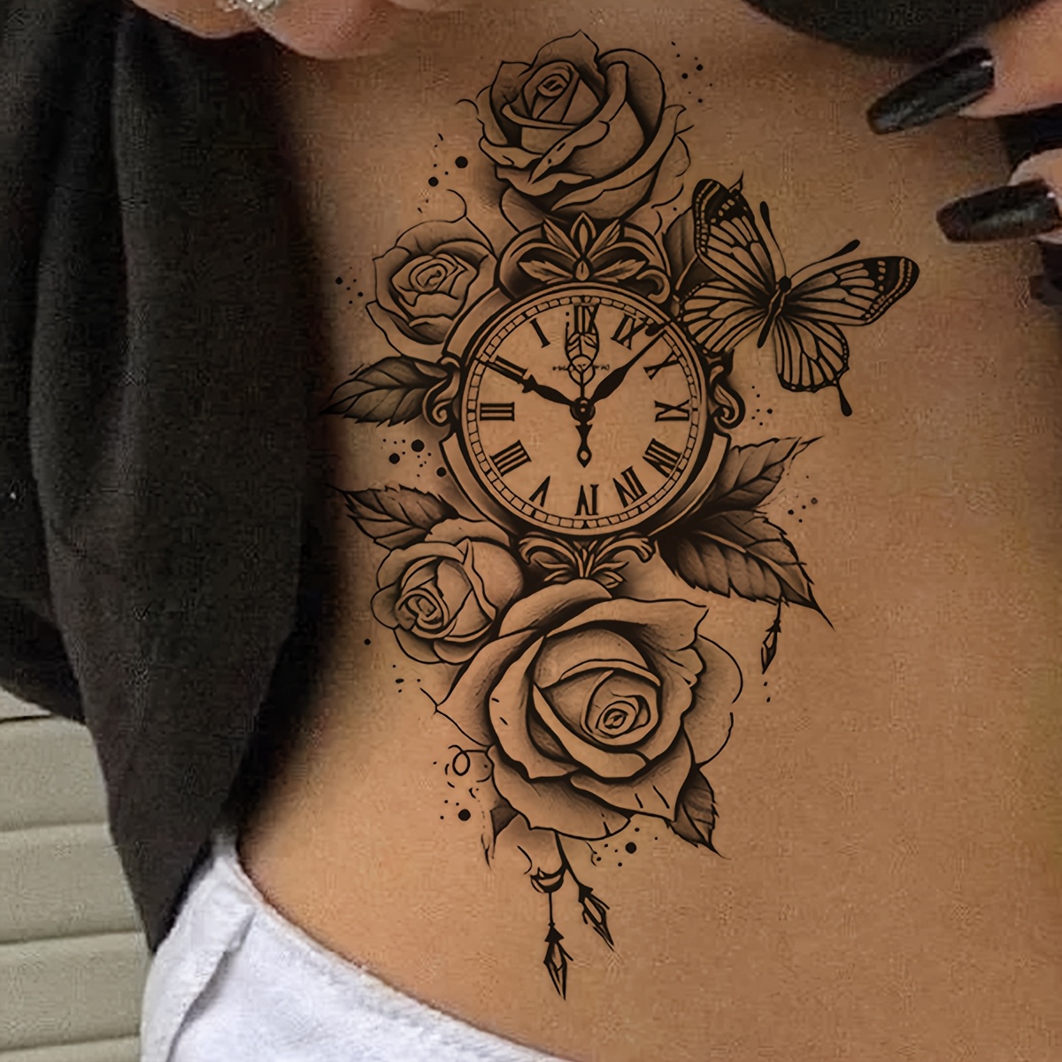 Black INS-Style Minimalist Tattoo Rose Flower Clock * Gift, Festival  Tattoos, Holiday Gift Tattoo Sticker for Arm, Shoulder, Collarbone,  Abdomen, Back, Waist, Temporary Waterproof * Tattoo Sticker, ..., image size:1200x1200