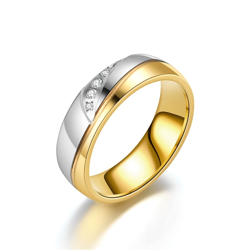 Image of High Quality Polished Couple 18k Gold-plated 2 Tone Elegant Steel Waterproof Non Allergic Women's Ring Jewelry Daily Wear Gift Rhinestone