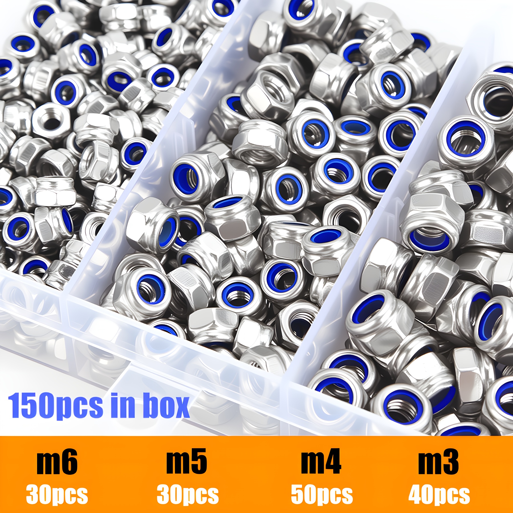 TEMU 150pcs Of Stainless Steel Nylon Locking Nuts - Designed To Prevent Slipping, Featuring A Hexagonal Cap, Fully Threaded, With Right-hand Threads,
