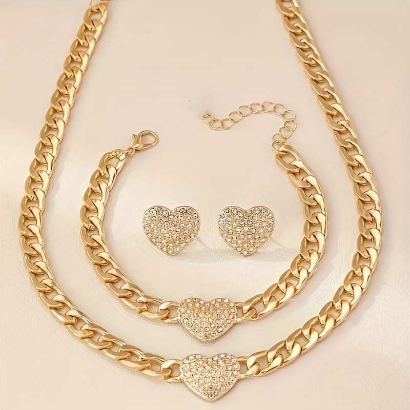 TEMU Parure de bijoux 3 pièces avec chaîne épaisse de style européen et américain, collier, bracelet et clous d'oreilles de cœur avec strass, bijoux