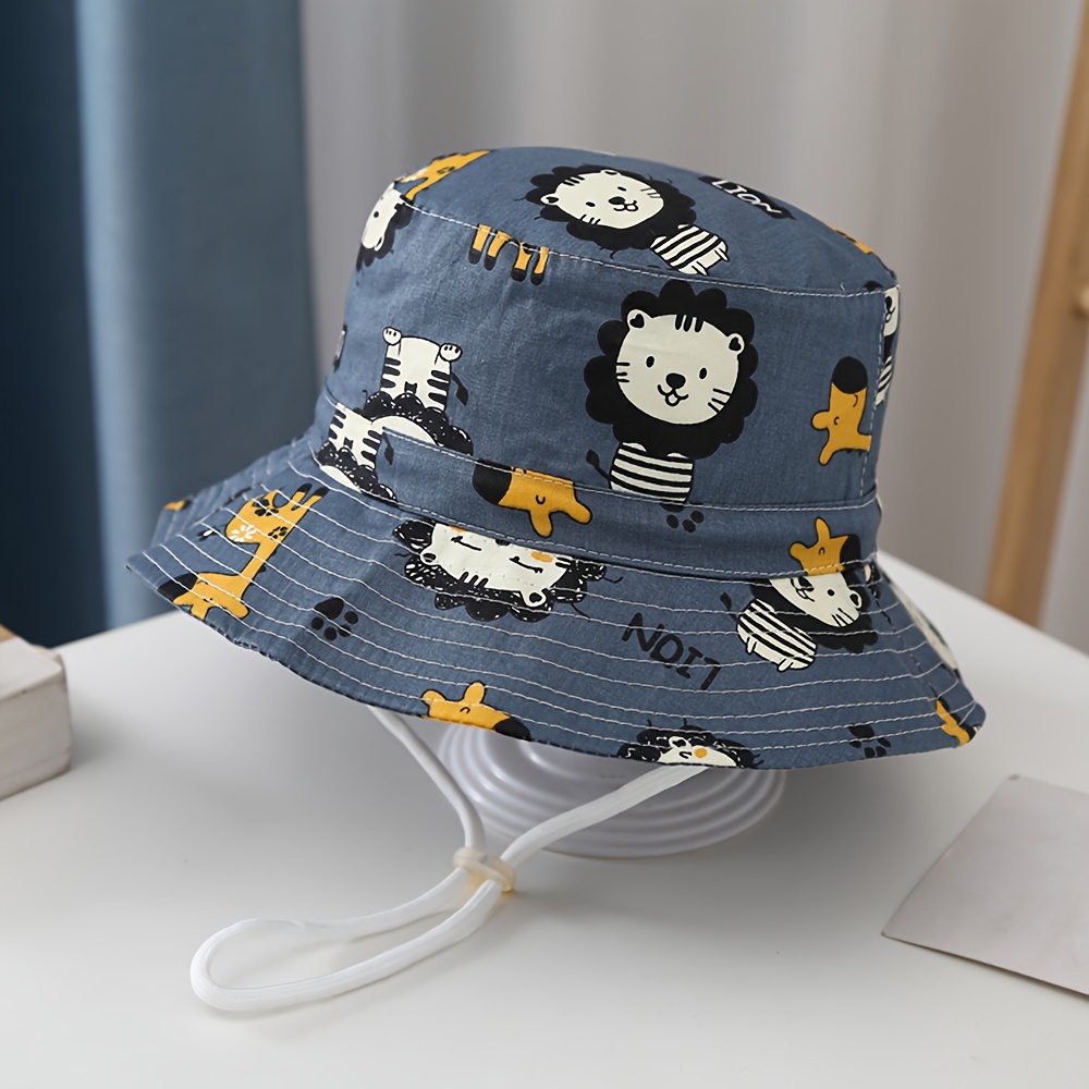 1pc Kids Cartoon Dinosaur Print Cotton Fishing Hat, UV Protection Wide Brim Adjustable Chin Strap Bucket Suitable for Outdoor Summer Wear,Temu