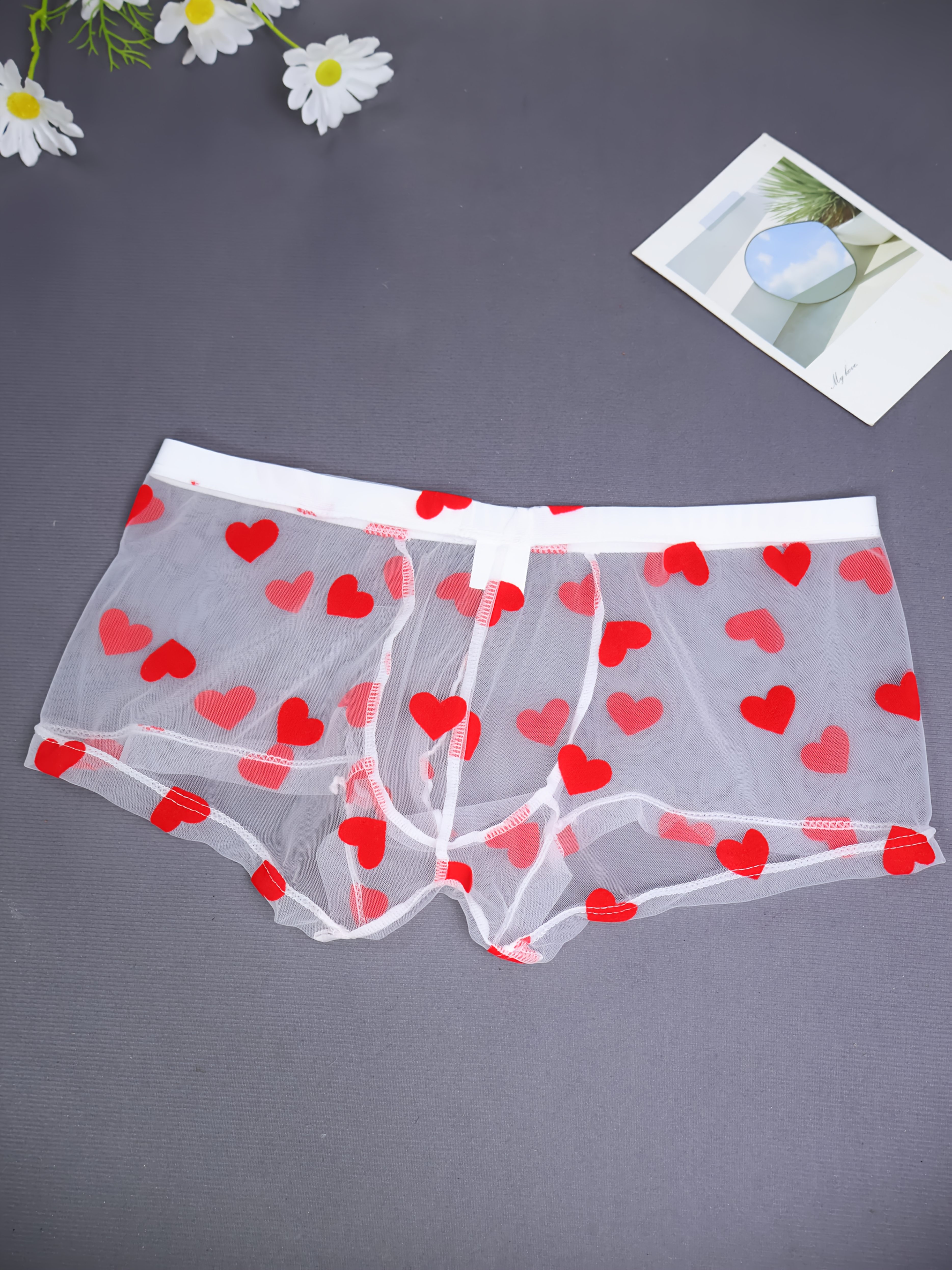 1pc transparent heart mesh mens boxer brief