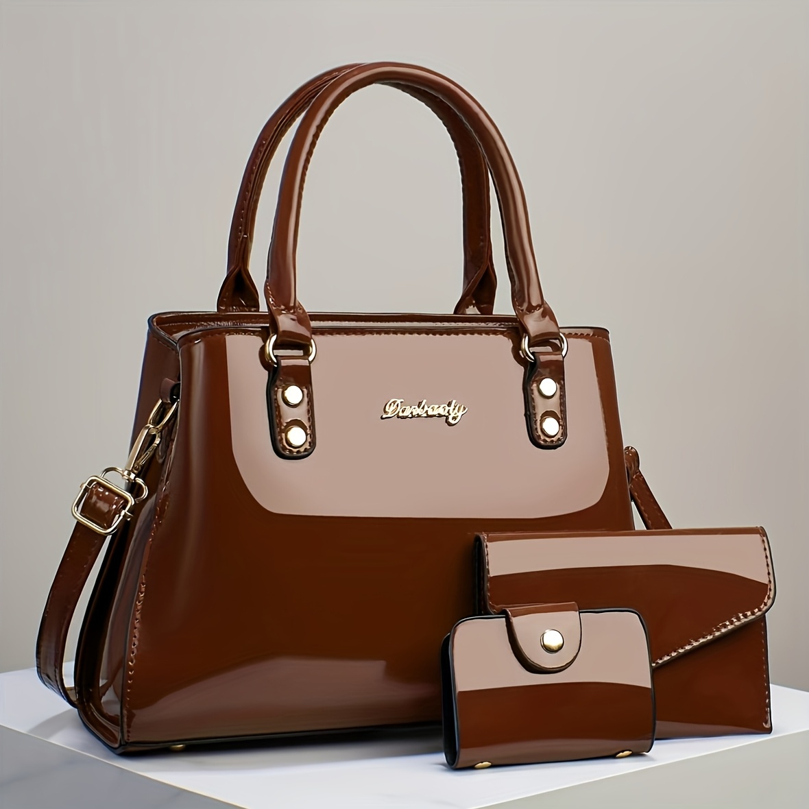 Trendy And Versatile Women'S High-End Multi-Layer Bag Set, Featuring a Stylish Casual Crossbody, Shoulder Bag, And Large-Capacity Tote in a Glossy Patent Finish.