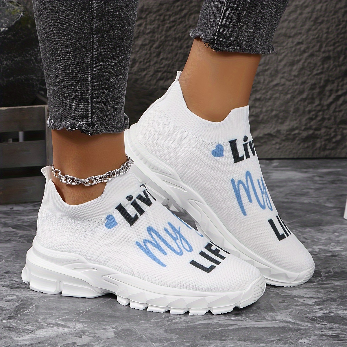 

Women's Letter Design Platform Sneakers, Breathable Knit Slip On Outdoor Shoes, Comfortable Low Top Sport Shoes