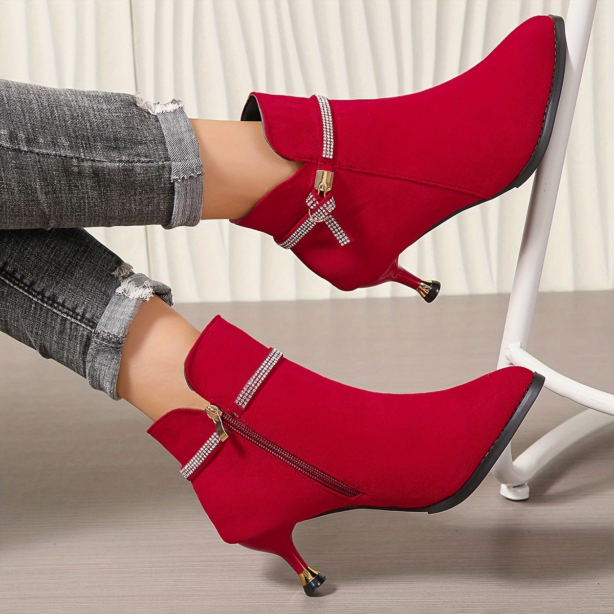 Women's Rhinestone Decor Stiletto Heeled Boots, Fashion Point Toe Dress Boots, Comfortable Side Zipper Boots