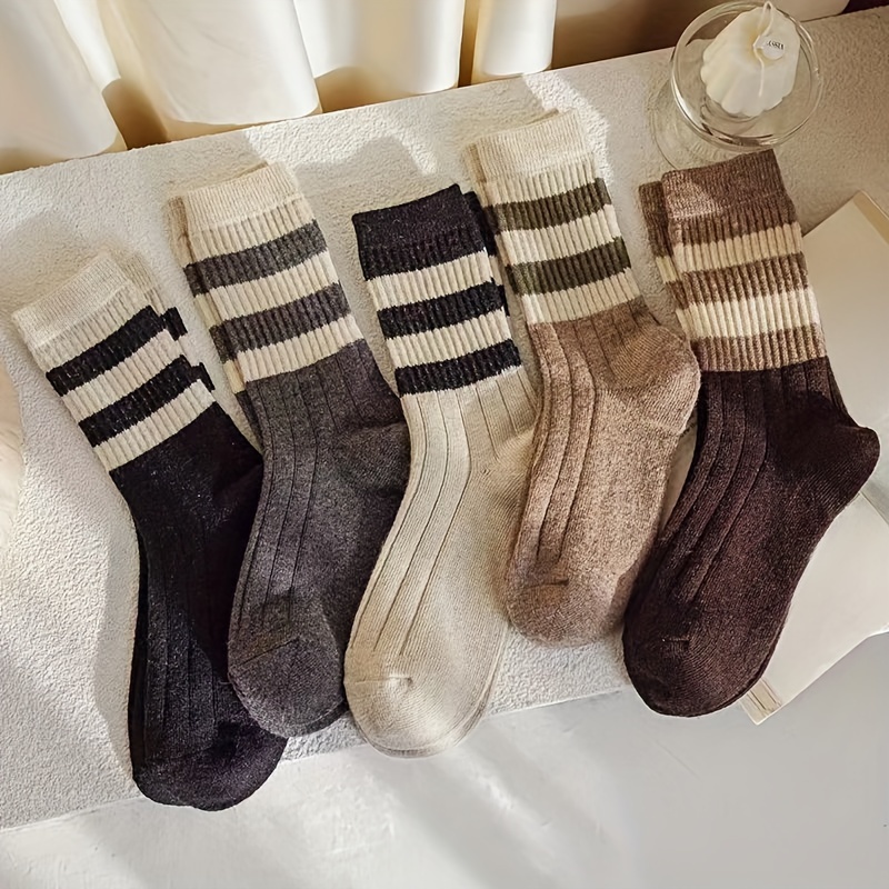 TEMU 5 Pairs Striped Pattern Socks, Casual & Warm Mid Tube Socks For Fall & Winter, Women's Stockings & Hosiery