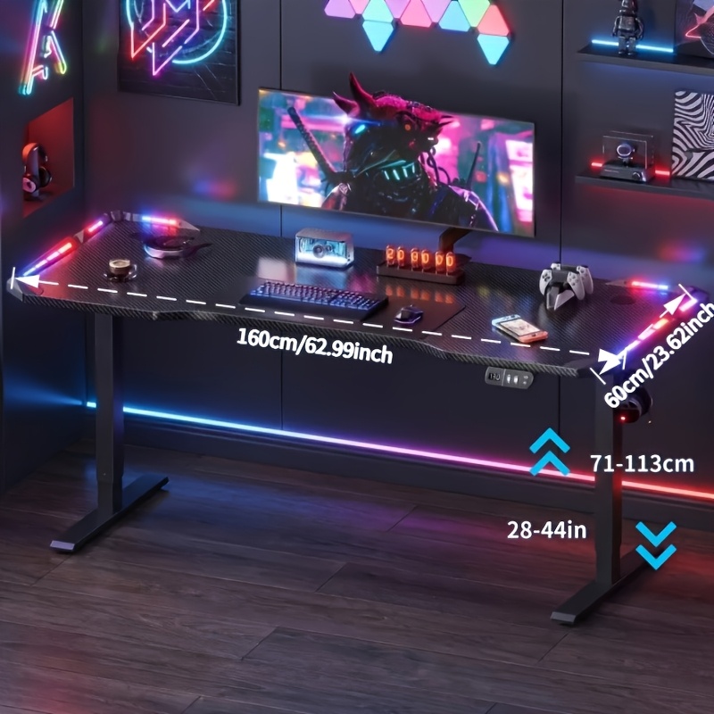Image of 47/55/63in Height-adjustable Electric Gaming Desk With Led Lights, Carbon Fiber Desktop, Memory Function, Sit-stand Computer Desk, Black