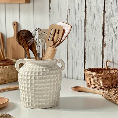 retro style double handled ceramic vase unique and multifunctional ideal for holding cutlery and flowers decorating a country dining room or living room featuring hydroponic planting design