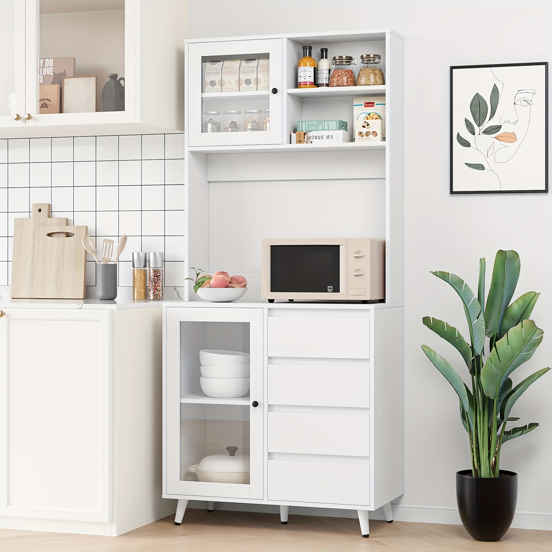 Kealive Kitchen Cupboard, Freestanding Storage Cabinet With Glass Doors, Bookcase For Kitchen, Living Room, Office, Dining Room