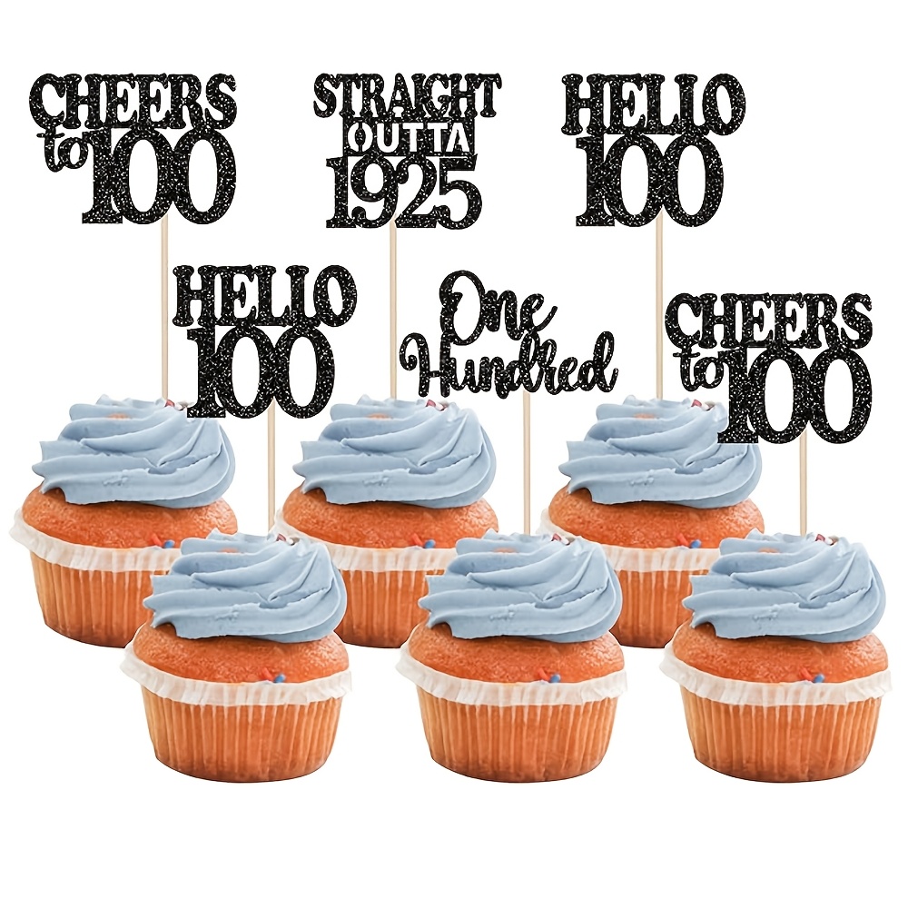 

24pcs 100th Birthday Cupcake Toppers - Black Glitter ' 1925' & 'hello To Years' Cake Decorations For Milestone Celebration