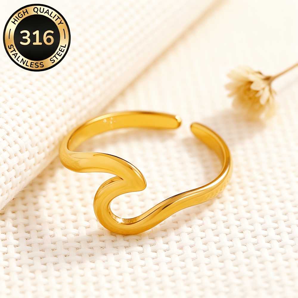 Hypoallergenic Golden Stainless Steel Open Ring with Wavy Curve