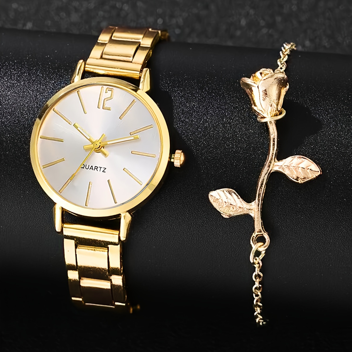 2 pcs golden round quartz watches zinc alloy strap zinc alloy pointer zinc alloy dial and alloy bracelet jewelry for women details 1