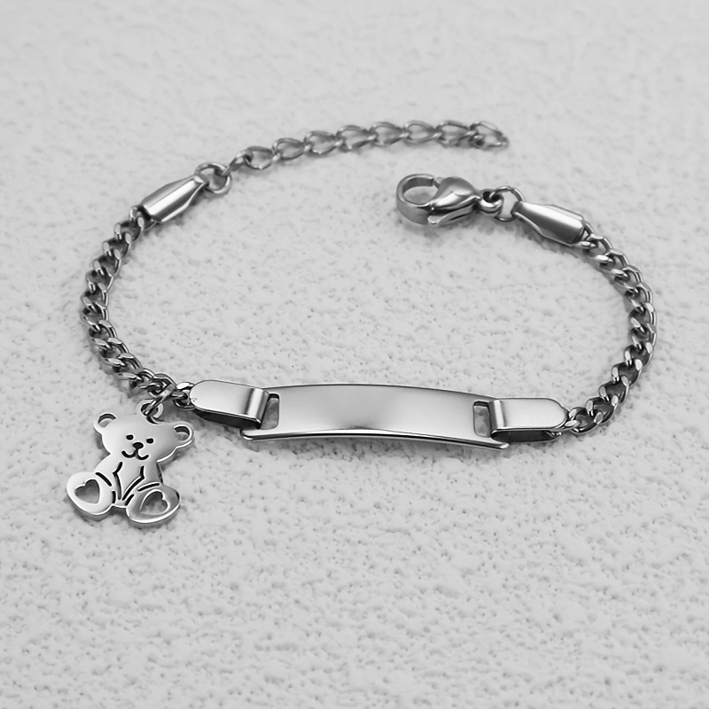 Image of 1pc, Cute Mini Bear Pendant Stainless Steel Bracelet For Girls And Boys, Customizable With Engraved Diy Name/date, Christmas Gift, Holiday Gift, Adorable Creative Family Gift