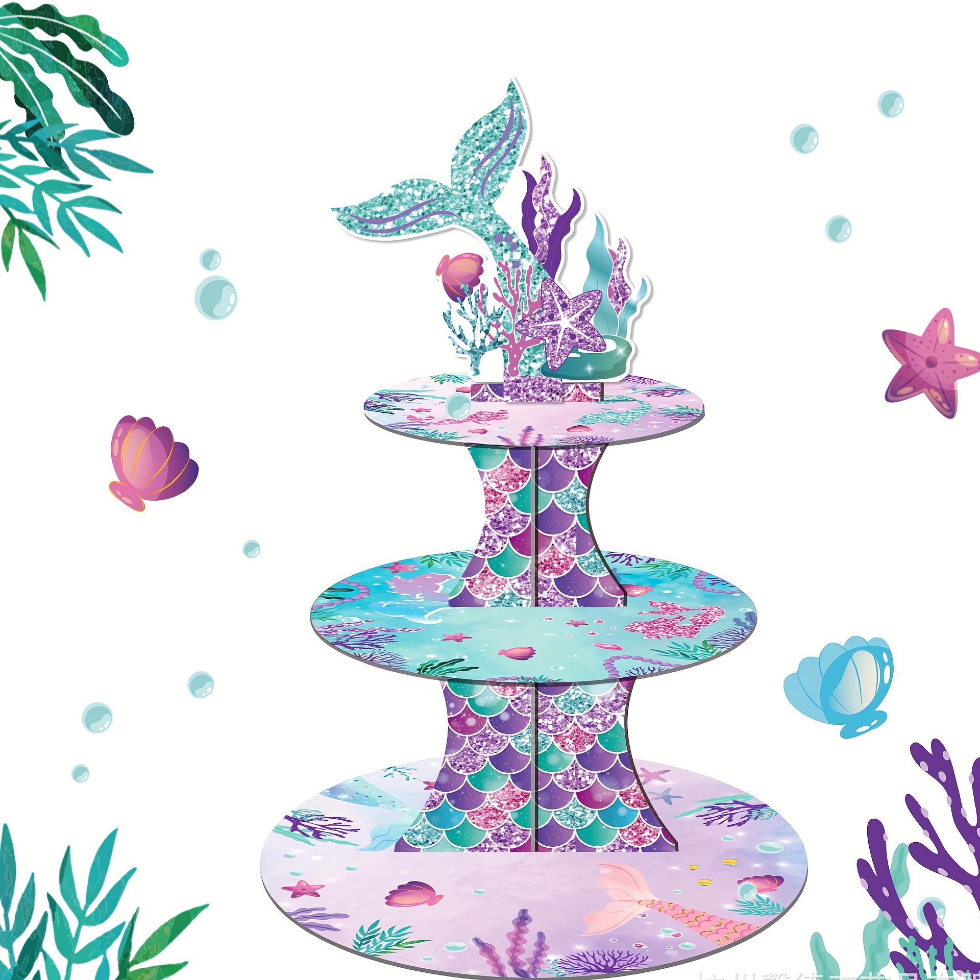 

Mermaid Theme 3-tier Cupcake Stand And Topper Set, Paper Dessert Tower Holder With Sea Life Decorations For Birthday, Under The Sea Party Supplies, No