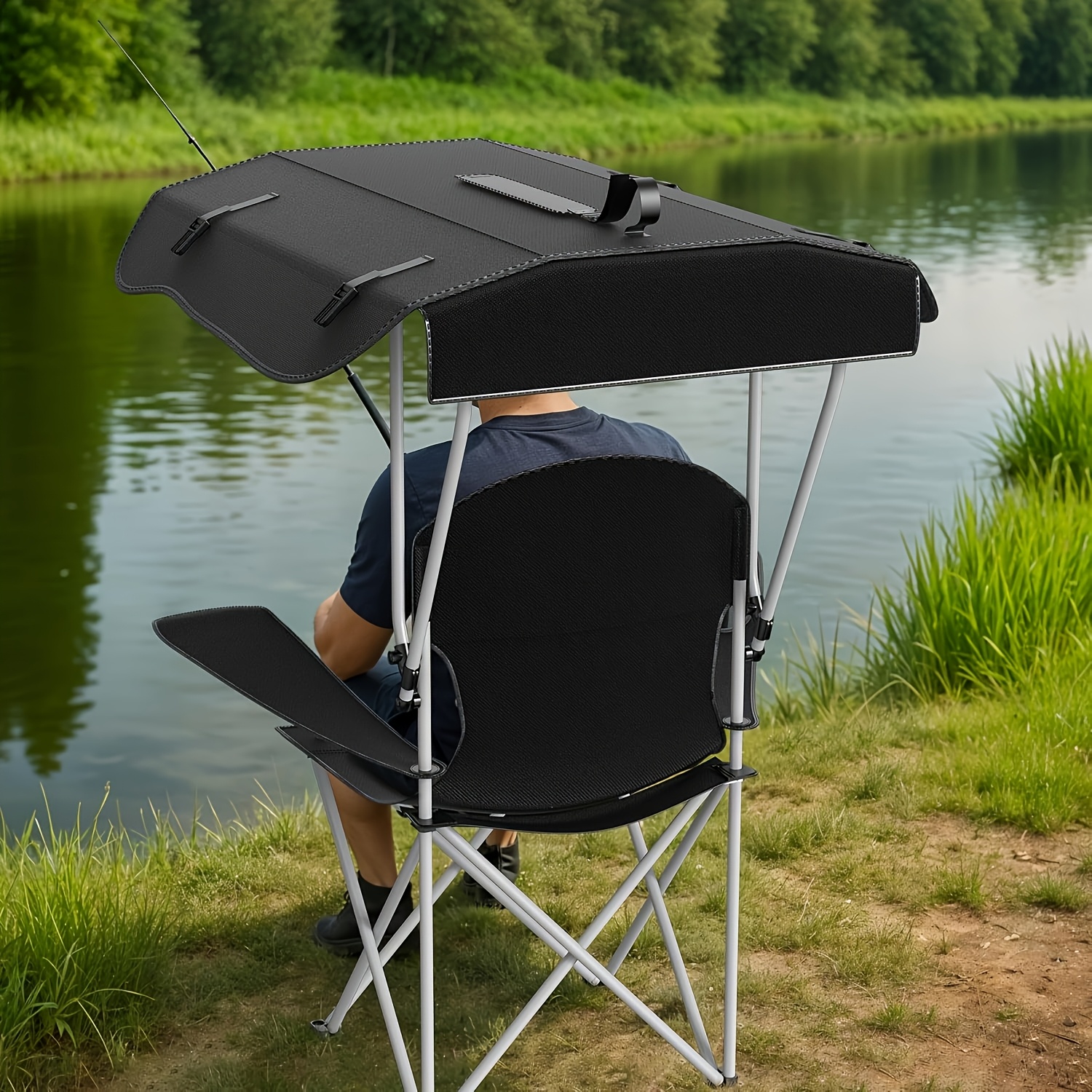 portable folding camping chair with canopy - lightweight oxford fabric outdoor beach chair, for fishing, picnics, and outdoor relaxation, camping chair, picnic essentials, foldable design, sturdy frame construction Product details 1