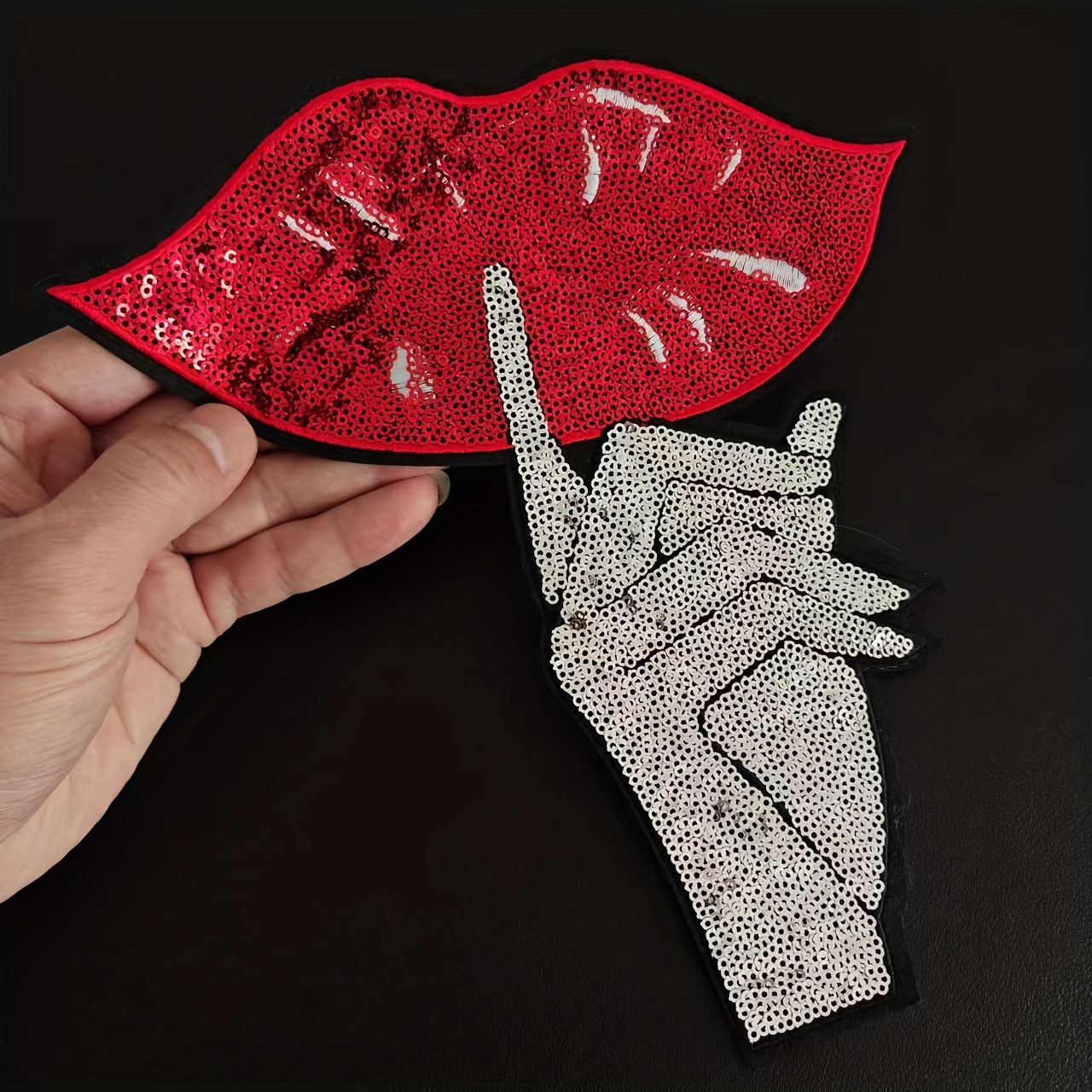 

Red Lips Sequin Patch With Finger Gesture, Iron-on Embellishment For Clothing, Glitter Heat Transfer Applique For Diy Costume, Shirt And Jacket Decor, 3d Sparkling Fashion Accessory