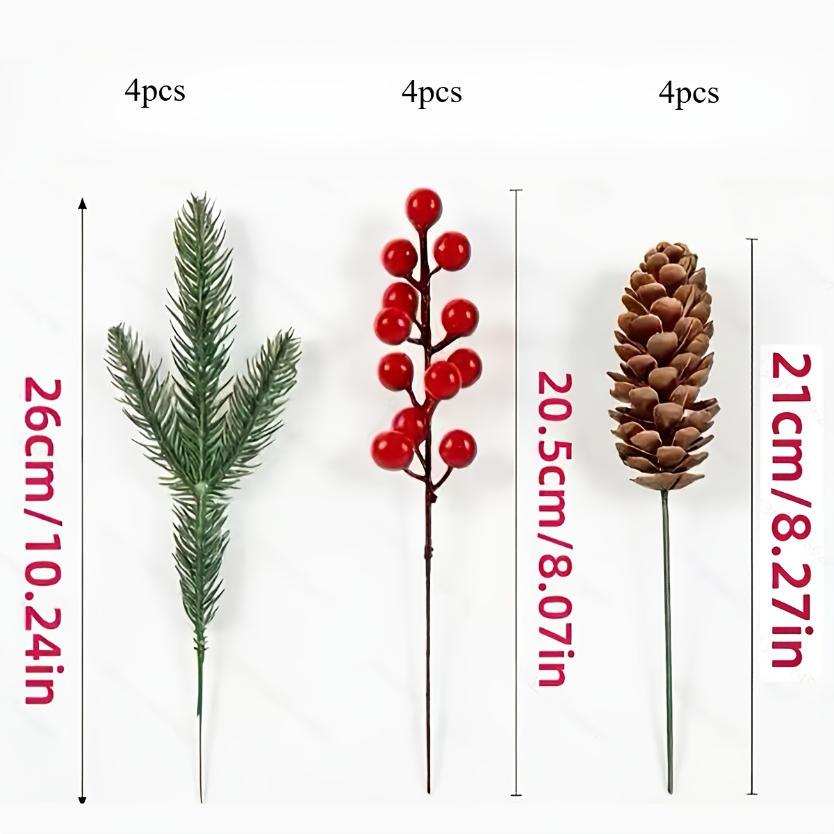 TEMU 12pcs Branches de pin, pommes de pin et décorations de rouges | Branches en plastique réalistes pour la décoration de sapin de Noël | Centres de