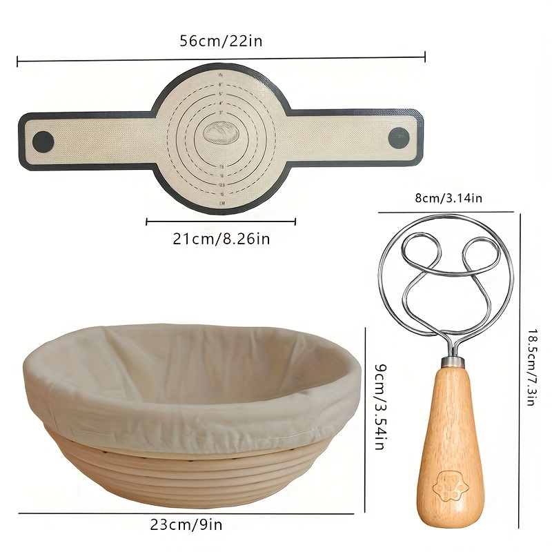 Practical Baking 3pcs Set Rattan European Bread Fermentation Basket Bear Whisk Bread Baking Sling Baking Mat
