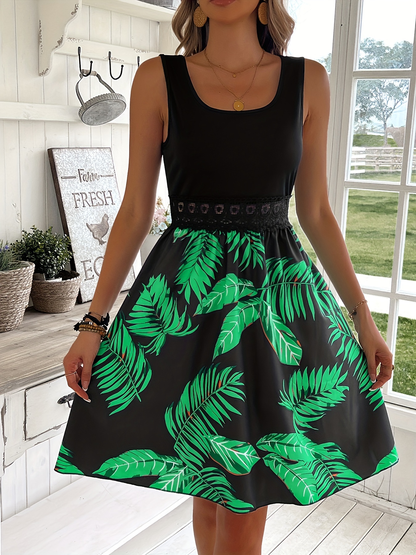 トップス Tropical lace dress Tropical Leaf Print Flowy Dress