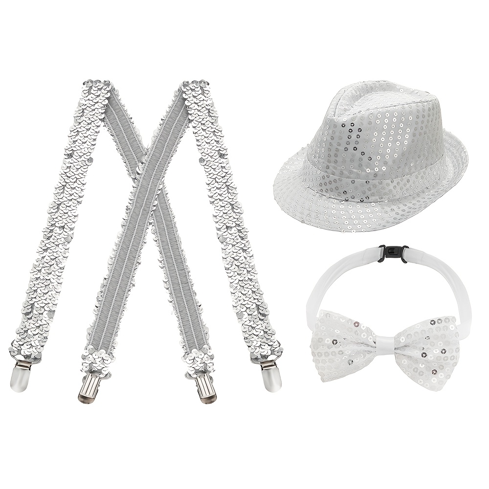 TEMU 3pcs Disco 70s/80s Trendy Outfit Accessory Set, Sequined Hat, Bow Tie, Suspenders Suitable For Role-playing, Halloween Party Additions, Casual