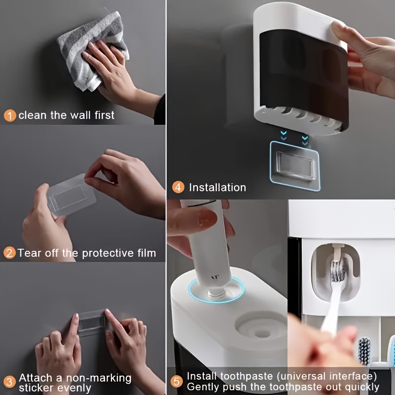 Wall Mounted Non Perforated Toothbrush Storage Combination: Dust Cover Toothbrush Storage Container+automatic Toothpaste Dispenser 2-in-1, Bathroom And Toilet Organizer (without Washbasin)