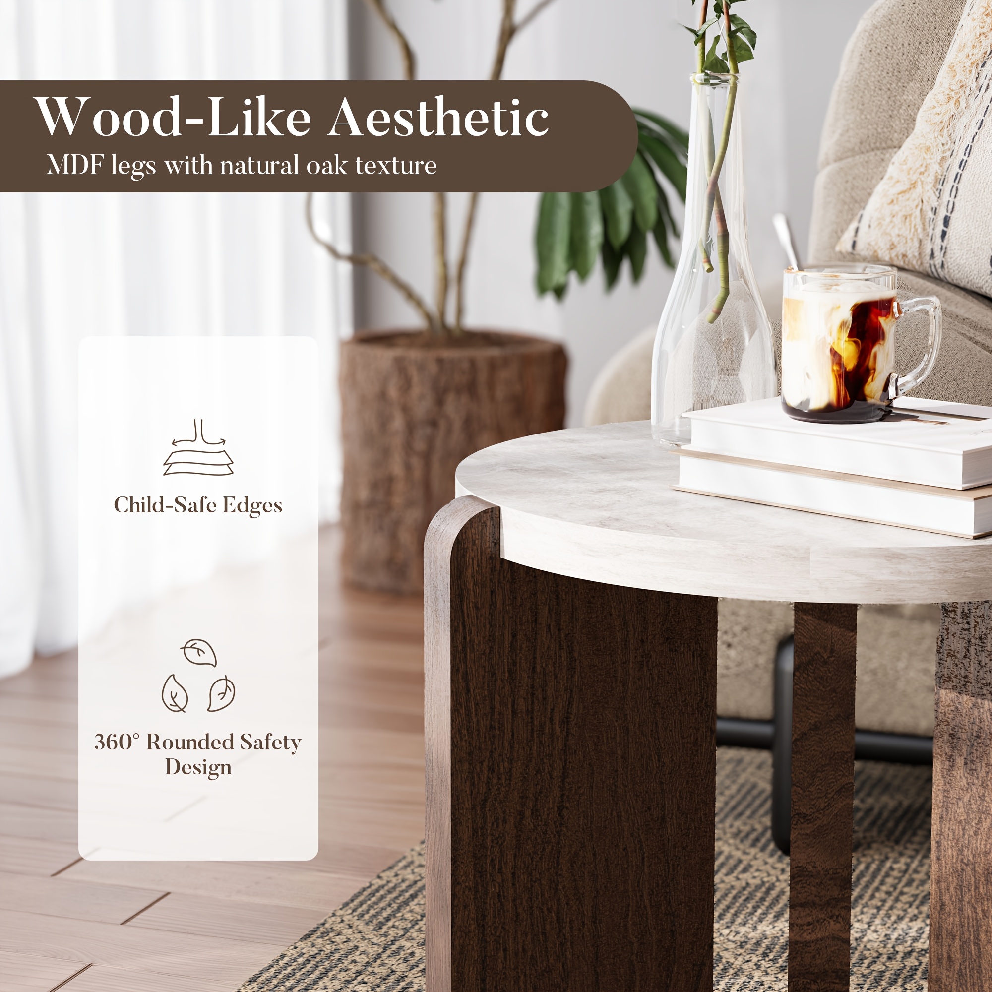 Brown Marble Look Side Table, Faux Marble MDF End Table for Living Room, Bedroom - Modern Accent Table with Lower Shelf for Couch, Sofa, Small Apartment